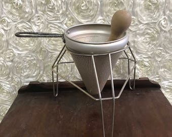 Vintage Metal cone sieve strainer colander with wood pestle kitchen farmhouse