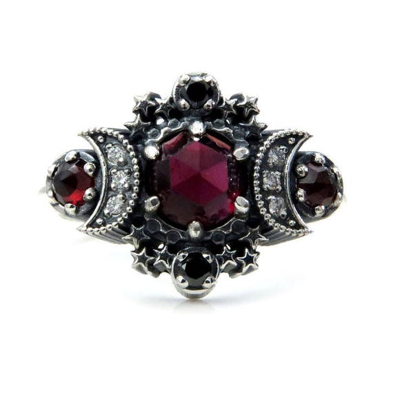 Rose Cut Garnet Cosmos Moon and Star Ring - Sterling Silver with Black & White Diamonds