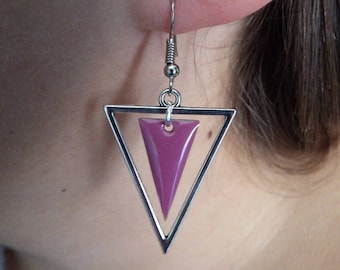 Triangle and sequin purple enamel earrings
