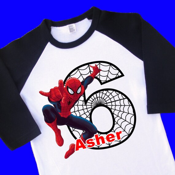 Download Spiderman Birthday Shirt. Personalized Raglan with Name & Age.