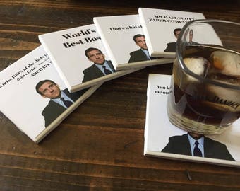 The Office Coasters | Michael Scott - 5 Piece Coaster Set - The Office - Favorite Tv Shows - World Best Boss - Drink Coaster - Office Decor