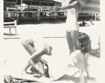 Vintage Snapshot "Gymnastics on the Beach" Pretty Women Swimsuits Handstand Found Vernacular Photo