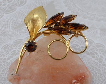 Vintage Amber Rhinestone and Gold Leaf Brooch 5418