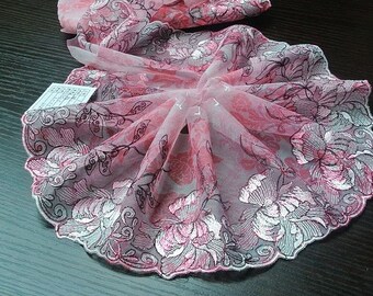 2 Yards Gorgeous Emborideried Lace Trim Pink Floral Print Mesh Tulle Lace 5.11 Inches Wide