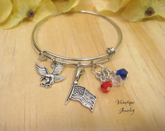 Patriotic Bracelet, Patriotic Jewelry, Bald Eagle Bracelet, USA Flag Bracelet, United States Jewelry, American Flag, American Eagle