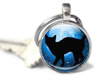 Cat Keyring - Glass Cat Keyring - Cat Gifts - Blue Keyring - Black Cat Keyring (CKG12)