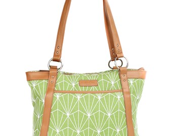 Laptop Tote Bag in Greenery and White Art Deco Pattern with Tan Camel Faux Leather - Laptop Bag, Laptop Tote, Canvas and Vegan Leather