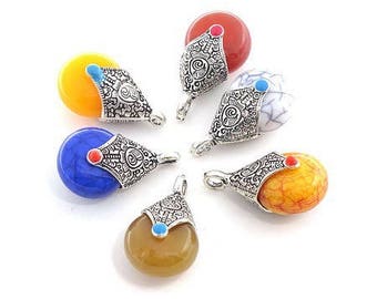 2 gorgeous pendants Tibetan imitation amber and semi precious stones, silver antique style carved 28 * 16mm approx.