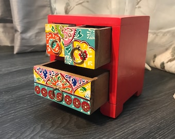 Miniature Dresser Drawer Jewelry Box, Hand Painted Red, Wood Accessory Storage Container, Three Drawers, Item #553052971