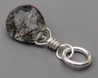 Black Rutilated Quartz Pendant, Rutile Quartz Charm, Sterling Silver Wire Wrapped Pendant, Heart Briolette with Jump Ring Stone 90
