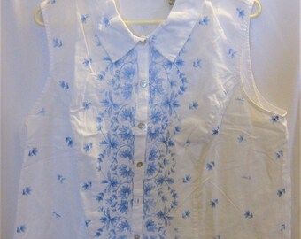 Blouse Sleeveless Cotton White/Blue Misses' 20W