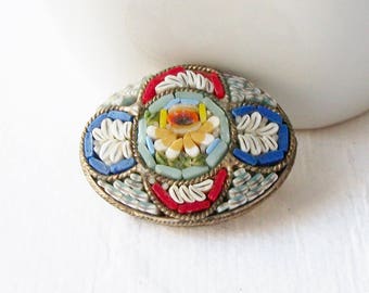 Vintage Micro Mosaic Glass Brooch, Mosaic Vintage Brooch, Vintage Italian Mosaic Brooch Pin , Costume Jewelry