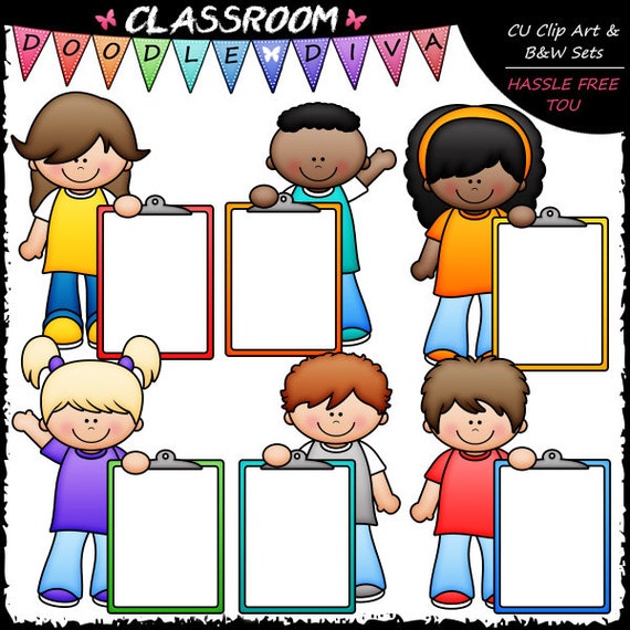 Colorful Clipboard Kids Clip Art and B&W Set