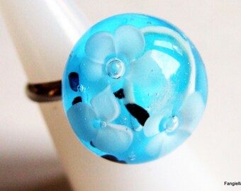 White flowers Lampwork Glass ring in their