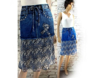 upcycled blue skirt - upcycled denim skirt - denim jean skirt , Boho skirt - alternative skirt - denim skirt - Size 5/6 # 17