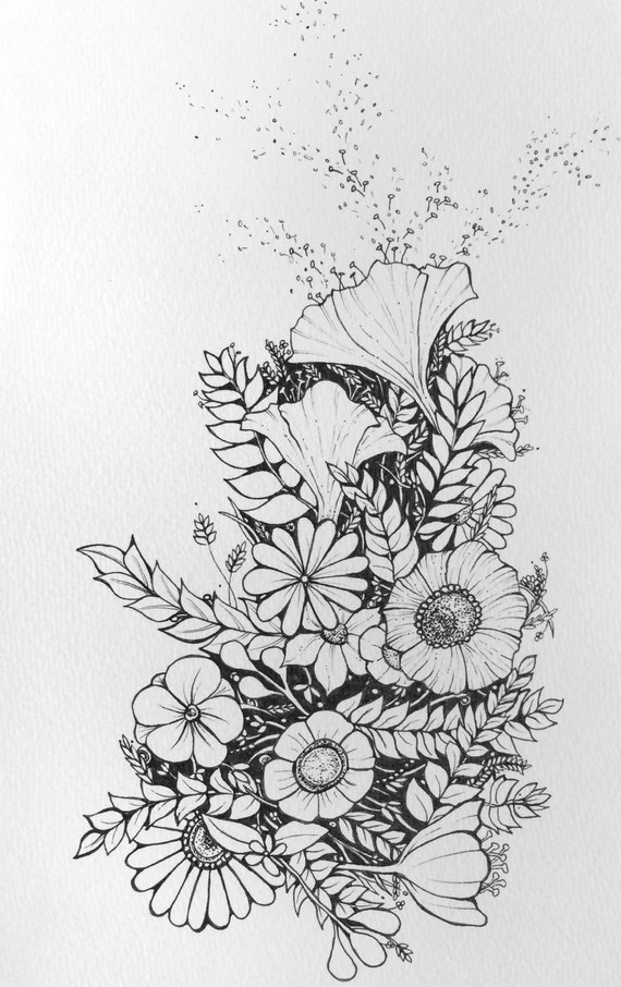 Items similar to Floral - flower drawing black and white illustration 