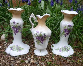 Victorian mantlepiece china candlesticks, candle holders, and jug.