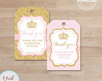 Pink and Gold Princess favor tags, Thank you Tags, Gift Favors, Chevron Party Decoration, Party Favors, Printable DIY, Instant download