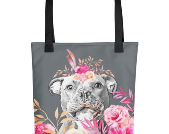 Staffie Tote bag - Staffordshire Bull Terrier Tote, Staffy Tote, Staffie Lover Gift, Pink Flowers