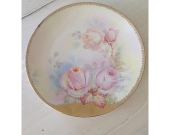 B Prussia Royal Rudolstadt pink roses plate with beautiful 24 KT gold trim