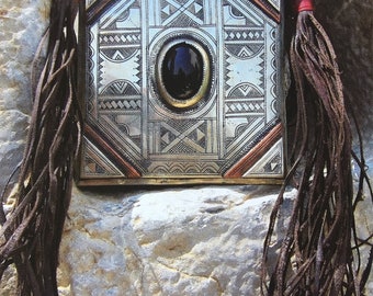 Tuareg Tscherot Amulet Necklace with Onyx and Leather Cords, A large piece!