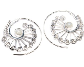 White Brass Tribal floral dotted Design Spiral Earrings With Moonstone Gemstone Tribal Earrings Mandala Jewellery Free UK Delivery WB61
