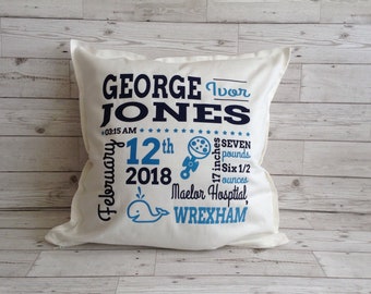 Personalised baby birth details cushion