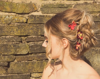Autumn Red and Burnt Orange Hydrangea Hair clips, autumn wedding hair slides, woodland wedding, Fall hair accessories