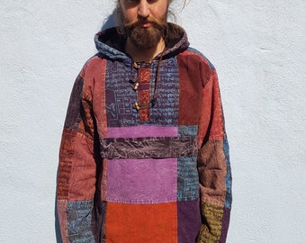Men and Women's Heavy Cotton Colourful Patchwork Hoody Pullover With Buddhism Symbols And Nepali Tibetan Writting, M L XL XXL