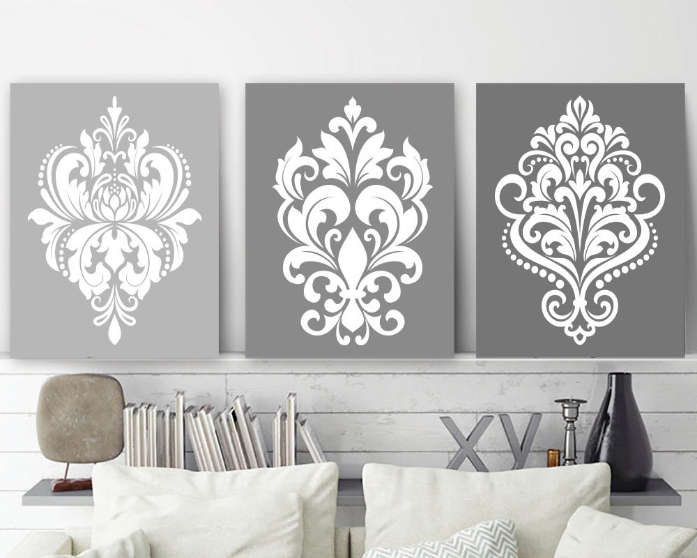 Gray DAMASK Bedroom Wall Art DAMASK Design Canvas or Prints