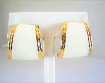 Kenneth J Lane Earrings, Signed KJL, White Enamel Earrings, Clip Ons