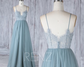 Bridesmaid Dress Dusty Blue Tulle Dress,Wedding Dress,Lace Illusion Back Party Dress,Spaghetti Strap Maxi Dress,A Line Evening Dress(HS548A)