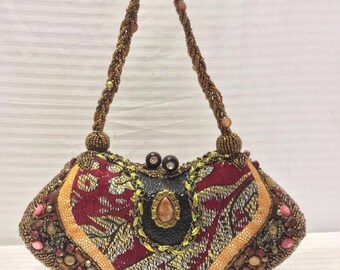 Beaded structured purse, handbag,crystals,bronze,red,gold,pink,top handle,formal purse