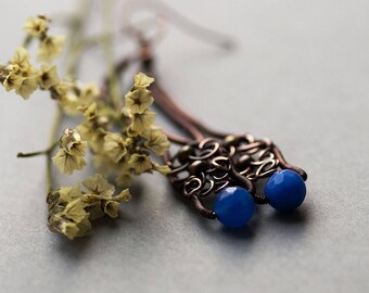 Blue Agate Earring, Long Elvish Copper Jewelry, Wire Wrapping Earrings, Woodland Boho Agate Earrings