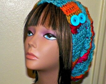 Blue Red Slouchy Hat Crochet Womens Tam Beret Boho Chunky Beanie Rasta With Hippie Rainbow Colors Stripes