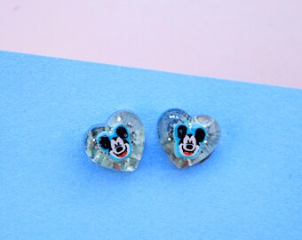 Mickey mouse earrings / Disney jewellery / Disney earrings / Mickey Mouse studs / Glitter stud earrings / heart shape earrings