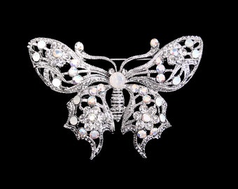 Crystal Butterfly Brooch Pin Silver Tone Clear White