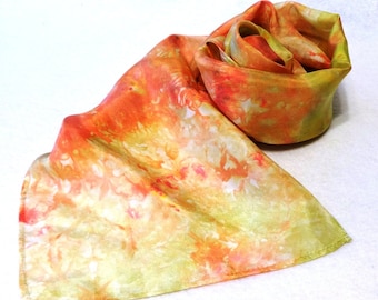 Hand-dyed Silk Scarf, Ice-Dyed Silk Scarf, Gold Silk Scarf, Coral Silk Scarf, Coral, Gold, Coral Scarf, Gold Scarf - #SS-16-11