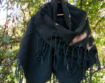 Vintage black wool shawl, Large, Wool wrap, Fringed shawl, Wool Scarf Large Blanket scarf Wool Shawl Oversized Wool Mothers Day Gift