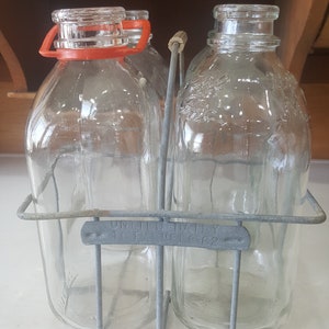 Antique 1/2 Gallon Milk Bottles, Marked Milk Bottles, Old Milk Bottles in Crate, Carrying Case, 4 Bottles with Carrier, Riverdale Dairy AT1