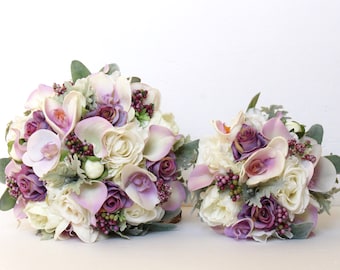 PURPLE WEDDING BOUQUET , Lavender Real Touch Wedding Bouquet , Artificial Real Touch Orchids, Roses, Calla Lilies , Lambs Ear, Dusty Miller