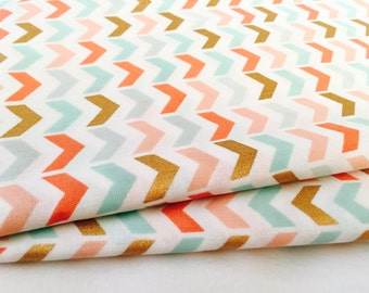 Gold and Pastel Chevron Fabric - Metallic Gold, Coral and Mint on Premium Apparel Cotton for Home and Nursery Crafts by the Yard