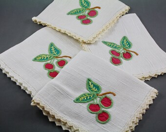 4 Linen Napkins Appliqued Cherries Vintage