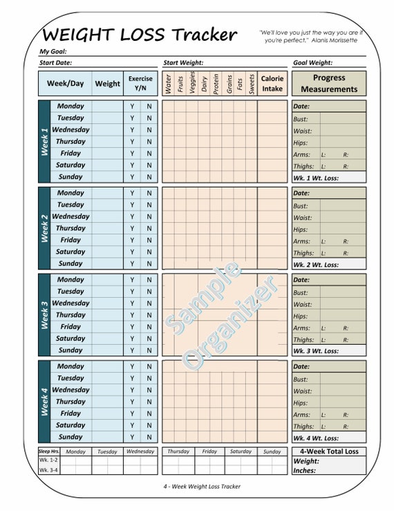 Weight Loss Tracker Printable Weight Loss Planner 4-Week