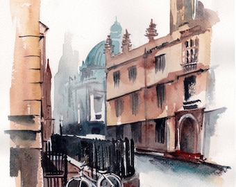 London Streets Cityscape ORIGINAL Watercolor painting, architecture city painting, cityscape and bicycle painting
