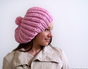 Valentines Hat, Valentines Knit Hat, Chunky Knit Hat with Pom Pom Hat, Pink Hat, Womens Slouchy Beanie, Pink Beanie, Slouchy Hat, Slouch Hat