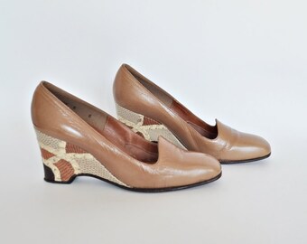 1980s Brown Patchwork Wedge Heel Mr. Seymour Shoes Size 6