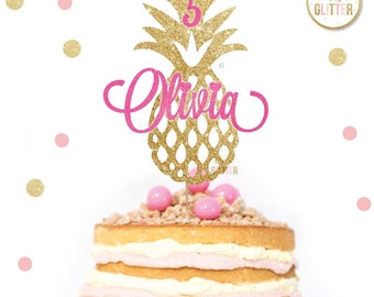 Pineapple cake topper, Birthday, Gold cake topper, glitter cake topper, custom, personalised, 5,6,7,8,9, tropical flamingo customised