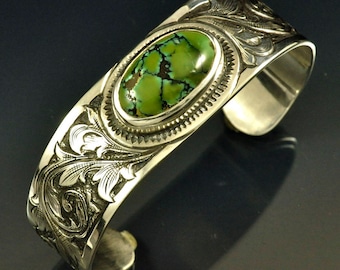 Hand Engraved New Lander Turquoise Sterling Silver Cuff Bracelet