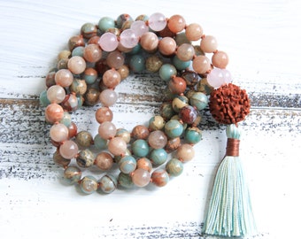 Mala Beads 108, Knotted Mala Necklace, Aqua Terra Jasper African Opal, Sunstone, Tassel Necklace, Yoga Bracelet, Boho Jewelry